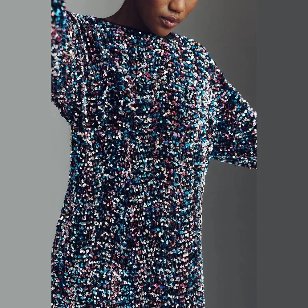 NEW Sizes XS, M, L Petite Women's Velvet Sequin Mini Dress Multi - Anthropologie - Picture 4 of 5